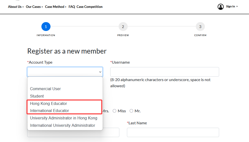 Select account type